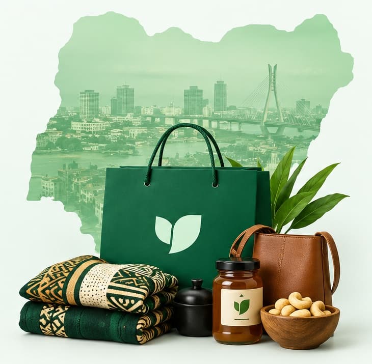 Nigerian-inspired products, including a Tiwani tote bag, fabric, accessories and local produce, in front of a map of Nigeria